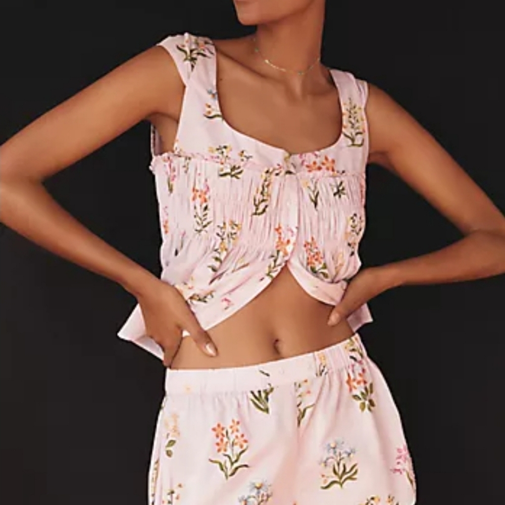 NWT Anthropologie Women’s Pink Floral Smocked Tank & Shorts Sleep Set Size L XL - Picture 8 of 13